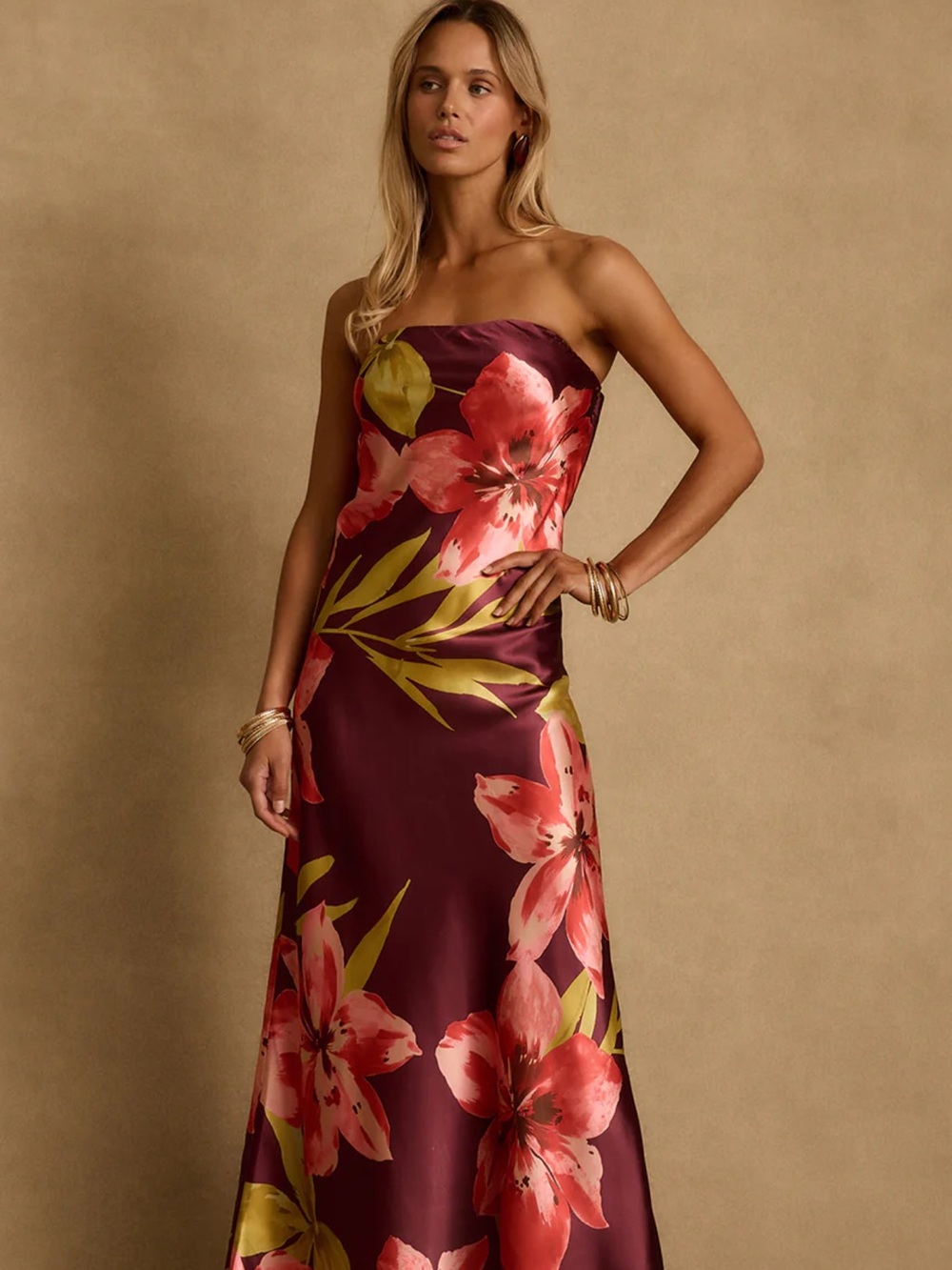 Strapless Floral Satin Maxi Dress in Burgundy